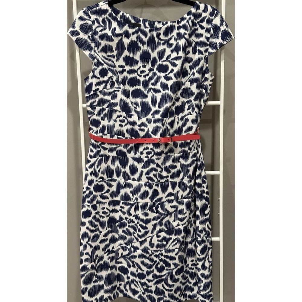 ALYX Blue White Animal‎ Print Belted Stretch Sheath Dress Preppy Modern Mod 14